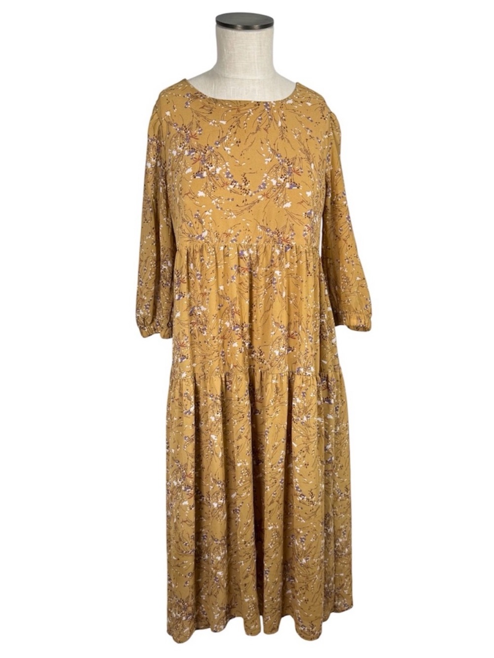 Floral Mustard Maxi Dress with Tiered Skirt